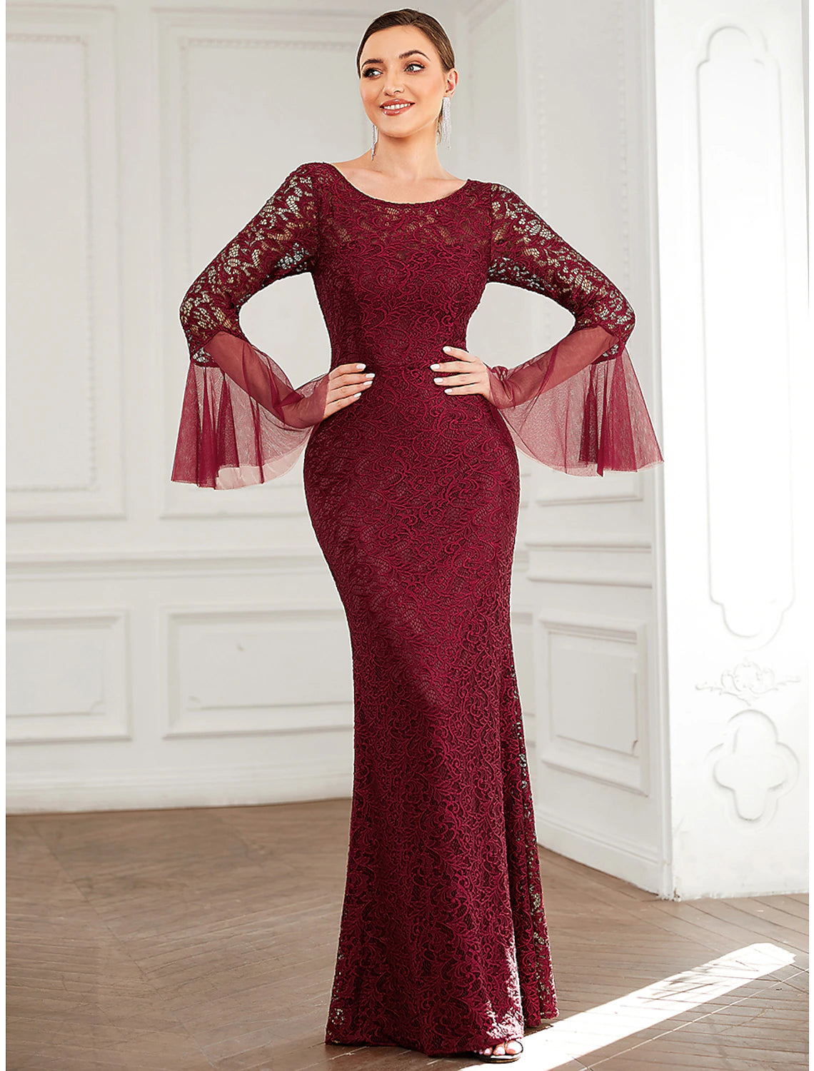Elegant mermaid trumpet mother of the bride dress, front view.