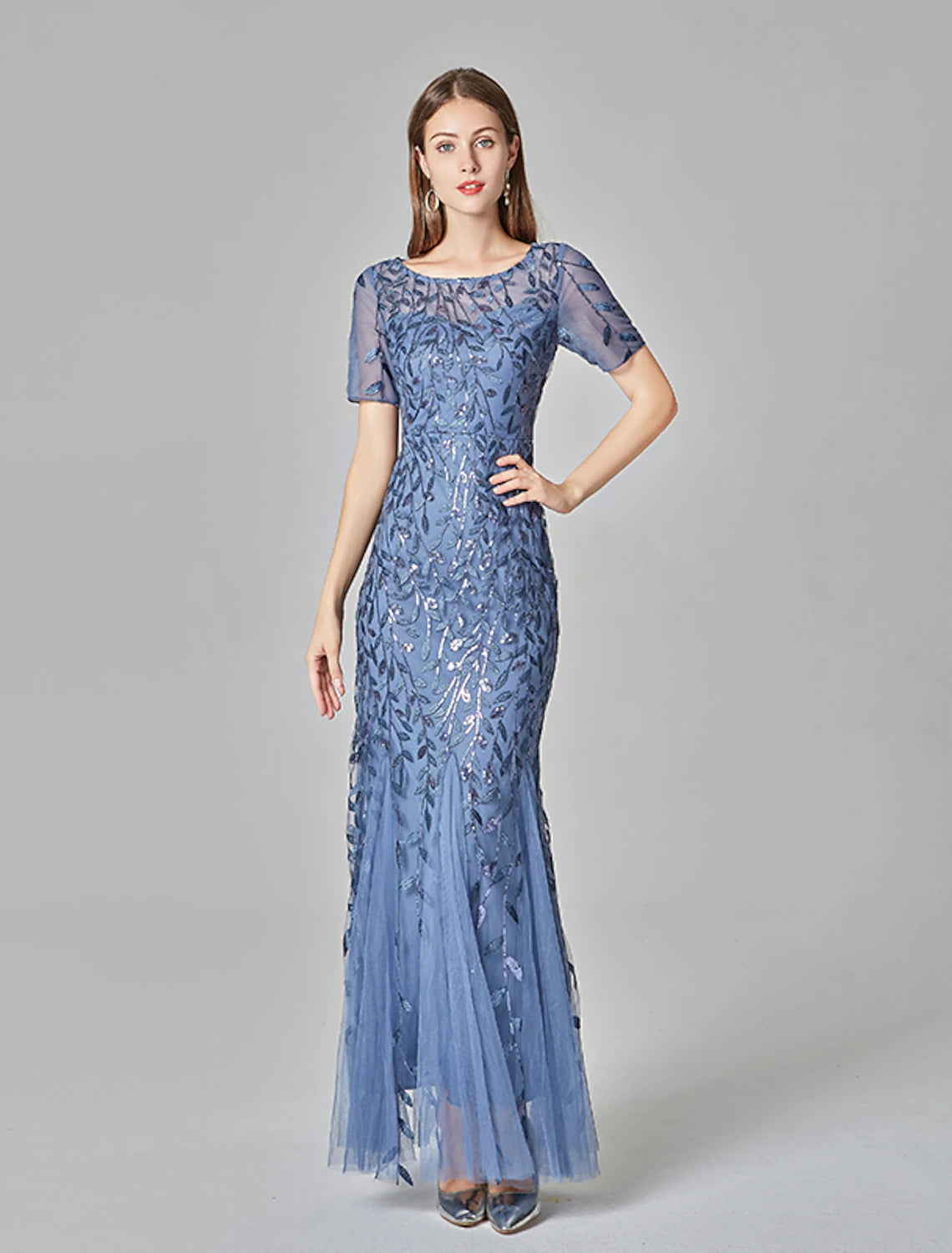 Elegant Mermaid Trumpet Jewel Neck Short Sleeve Embroidered Tulle Evening Gown.