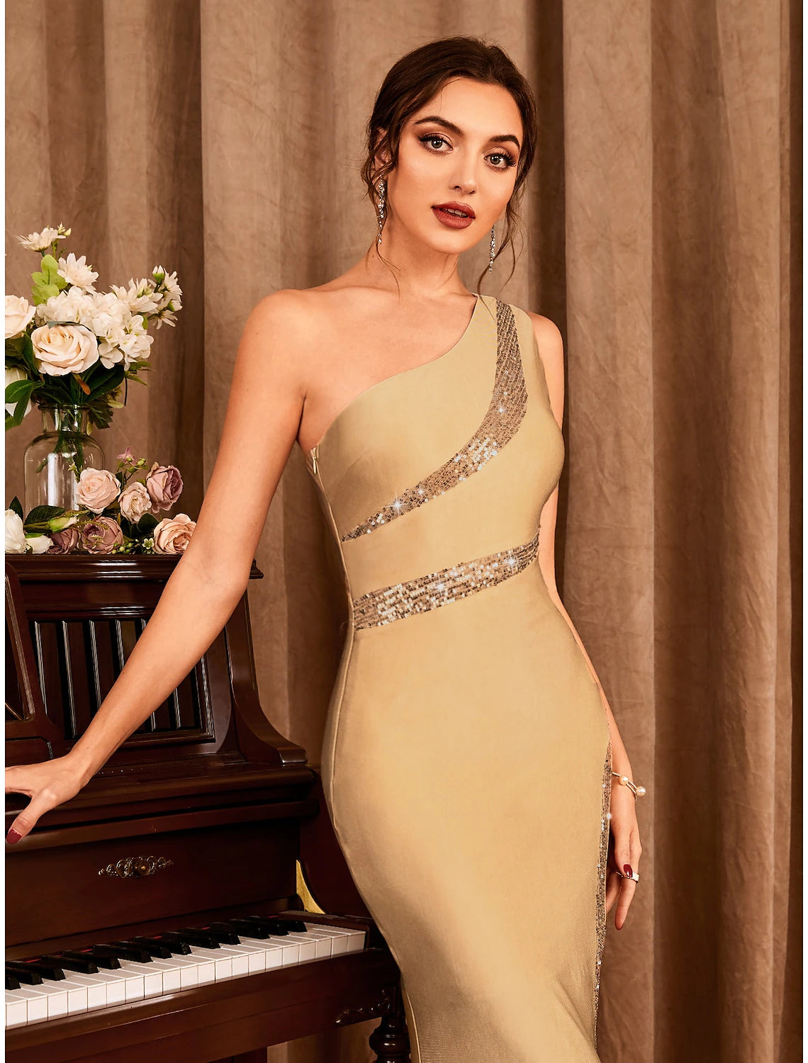 Elegant Mermaid Trumpet One Shoulder Glitter Stretch Satin Floor Length Party Dress.