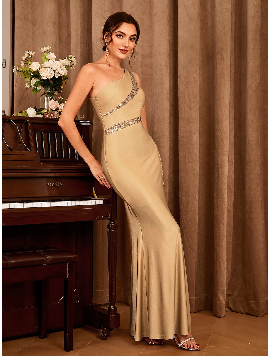Elegant Mermaid Trumpet One Shoulder Glitter Stretch Satin Floor Length Party Dress.