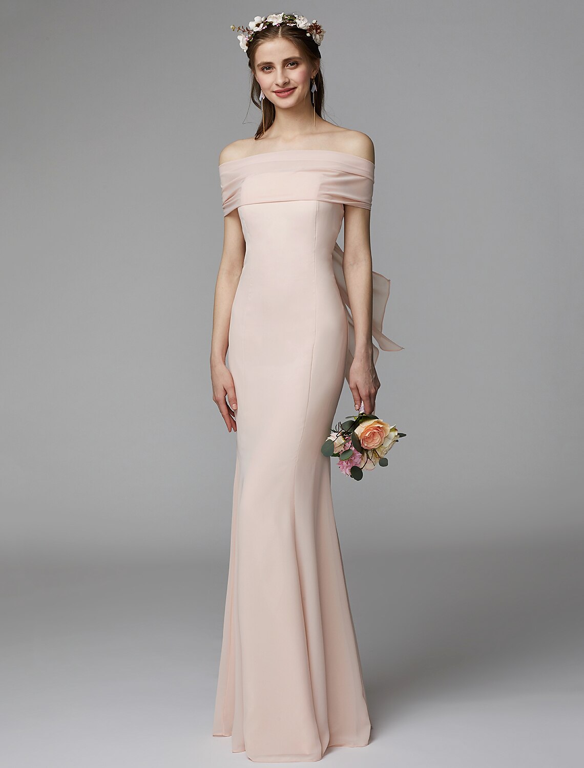 Elegant Mermaid Trumpet Strapless Backless Pleated Floor Length Chiffon Bridesmaid Dress.