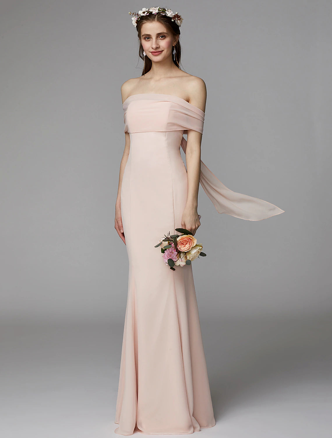 Elegant Mermaid Trumpet Strapless Backless Pleated Floor Length Chiffon Bridesmaid Dress.