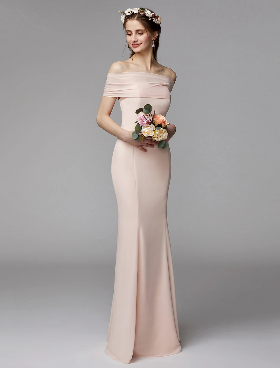 Elegant Mermaid Trumpet Strapless Backless Pleated Floor Length Chiffon Bridesmaid Dress.
