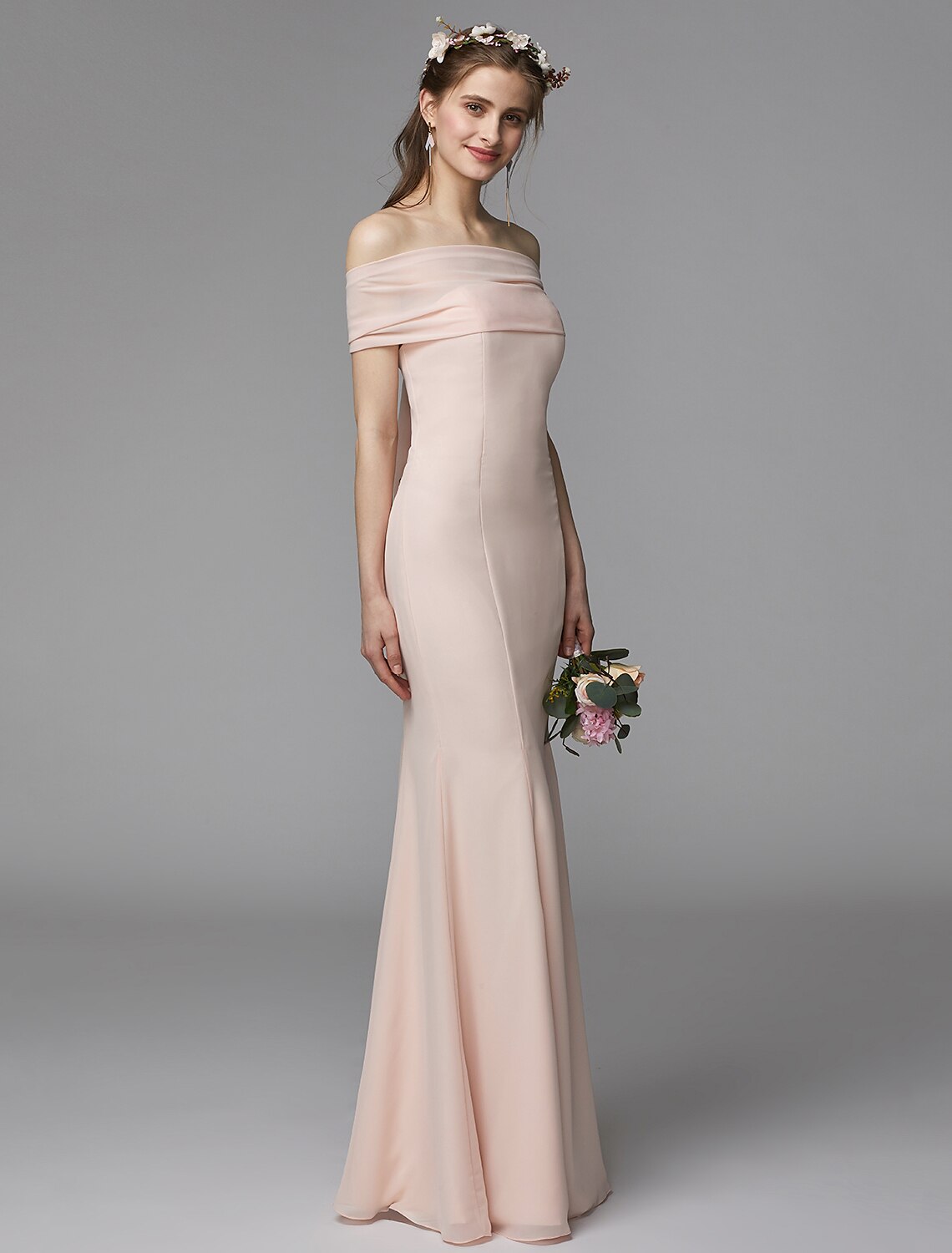 Elegant Mermaid Trumpet Strapless Backless Pleated Floor Length Chiffon Bridesmaid Dress.