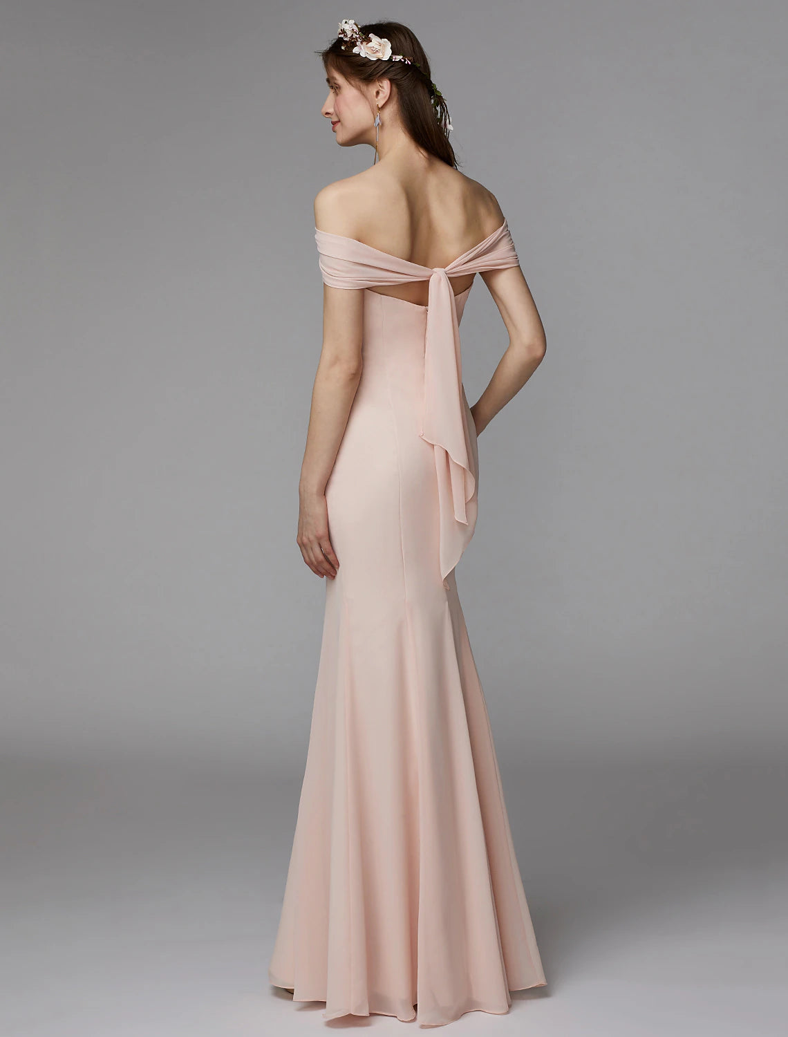 Elegant Mermaid Trumpet Strapless Backless Pleated Floor Length Chiffon Bridesmaid Dress.
