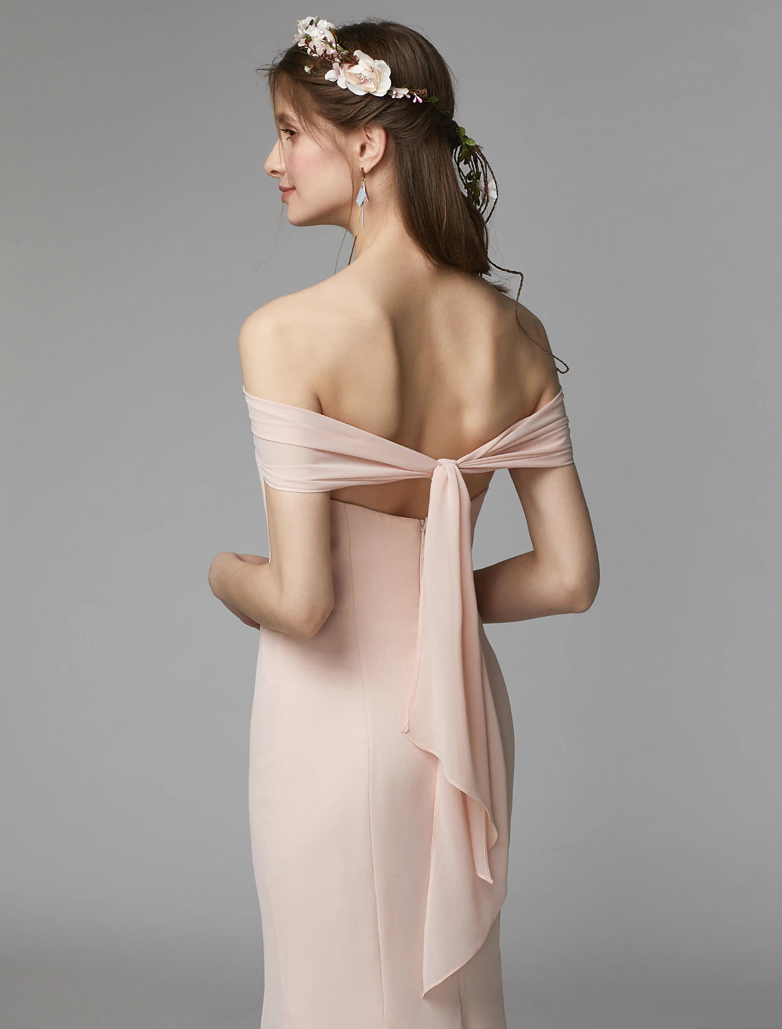Elegant Mermaid Trumpet Strapless Backless Pleated Floor Length Chiffon Bridesmaid Dress.