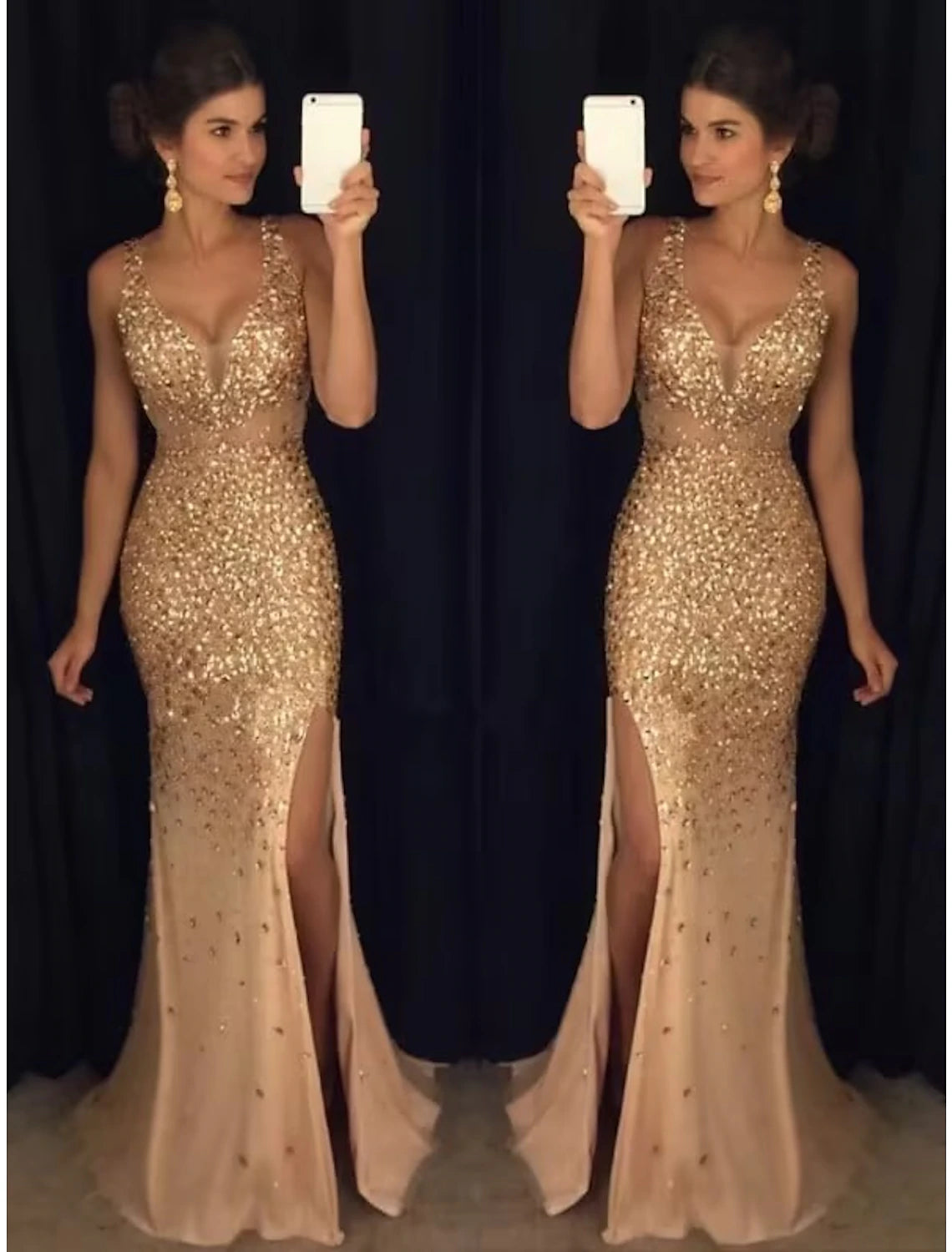 Elegant Mermaid Trumpet Sweetheart Rhinestone Tulle Slit Floor Length Prom Dress.