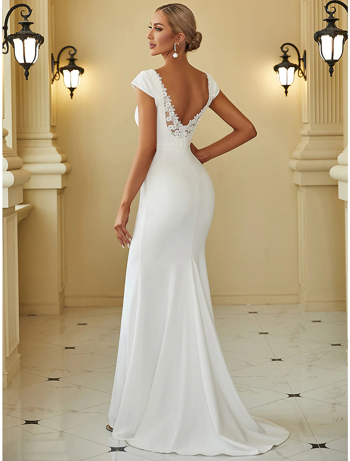 Elegant Mermaid V-Neck Cap Sleeve Draped Stretch Wedding Gown Solid Color.