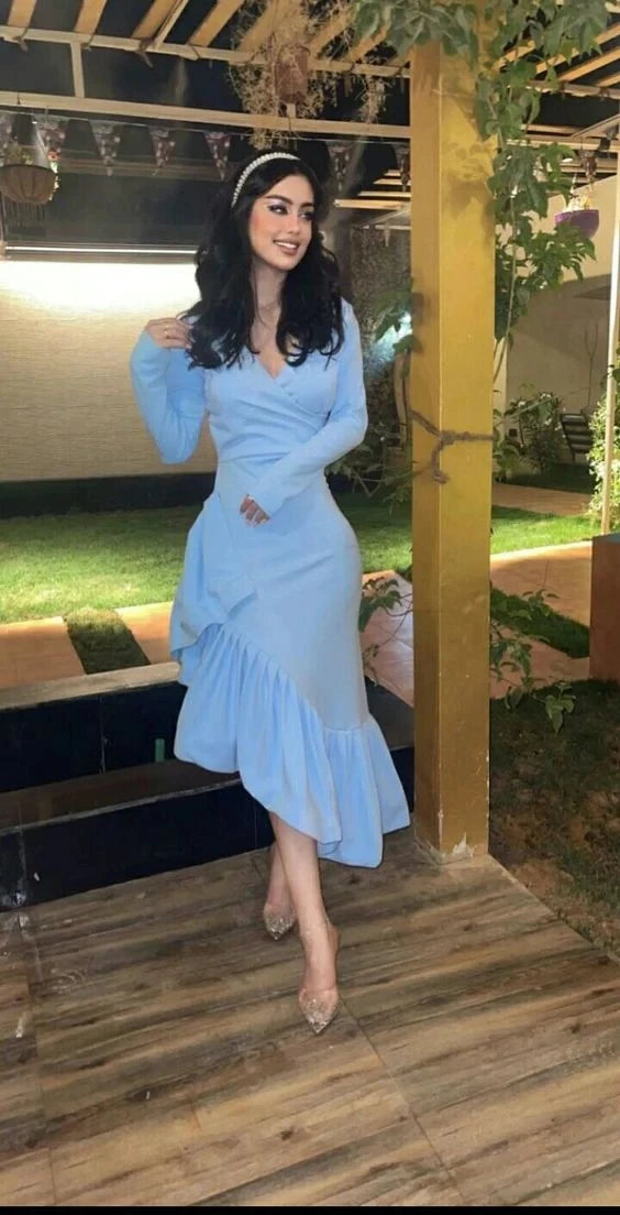 Elegant Mermaid V-Neck Long-Sleeve Ruffled-High-Low Midi-Length Evening Dress