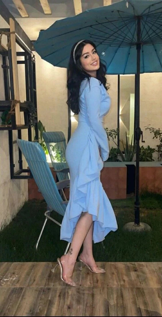 Elegant Mermaid V-Neck Long-Sleeve Ruffled-High-Low Midi-Length Evening Dress