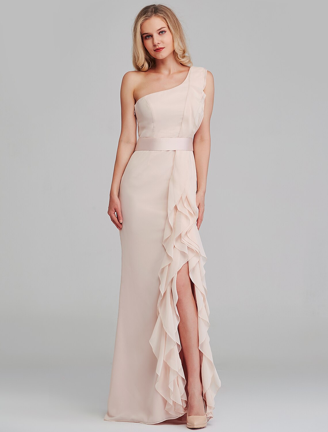 Elegant One Shoulder Sheath Chiffon Bridesmaid Dress with Cascading Ruffles, Long.