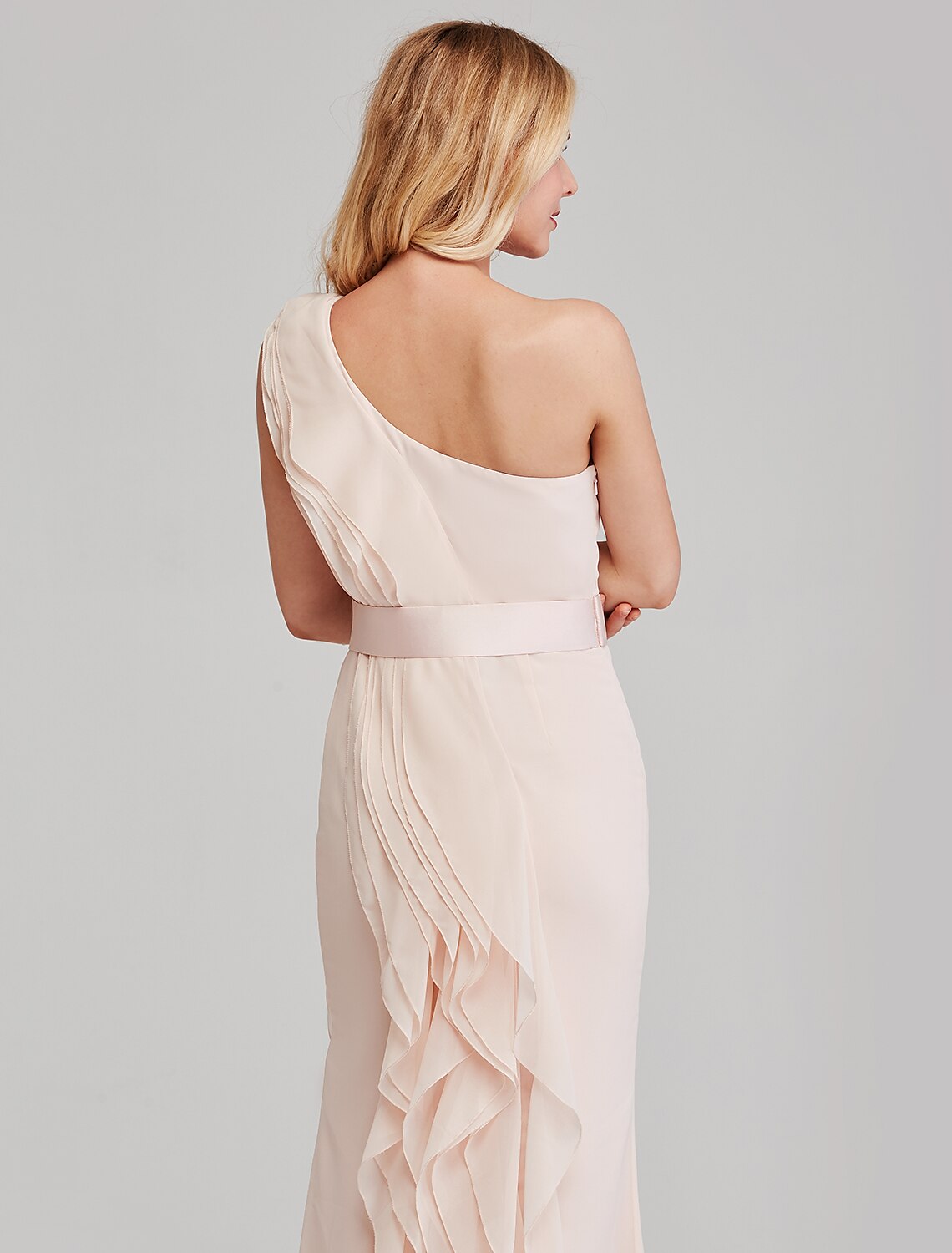 Elegant One Shoulder Sheath Chiffon Bridesmaid Dress with Cascading Ruffles, Long.