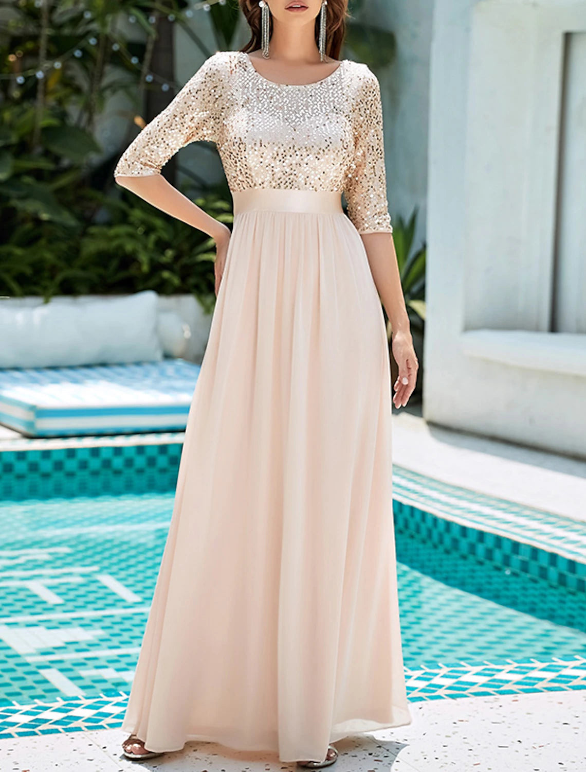 Elegant plus size A-line jewel neck sequined tulle gown, front view.