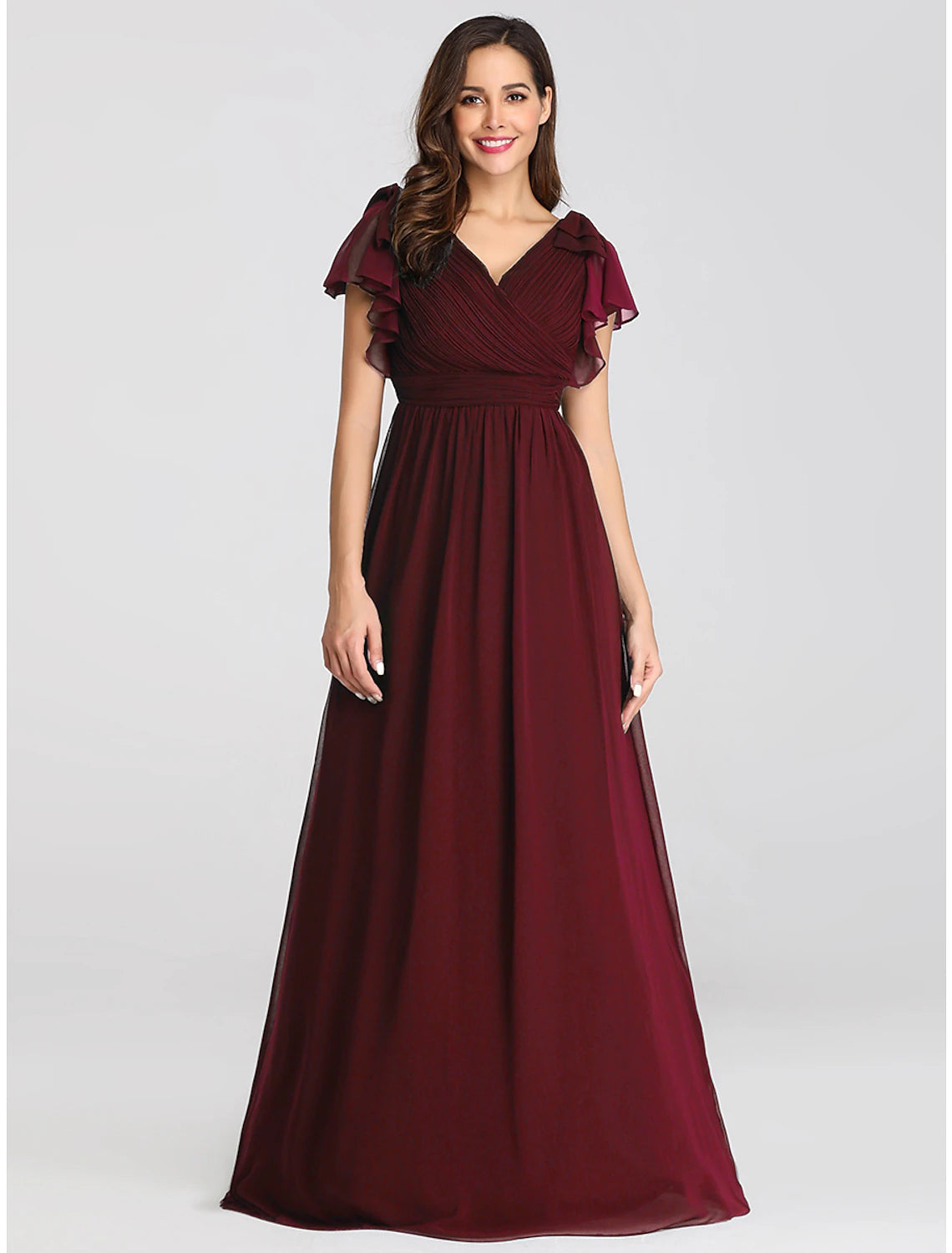 Elegant Plus Size A-Line V-Neck Chiffon Ruffled Mother of the Bride Dress.