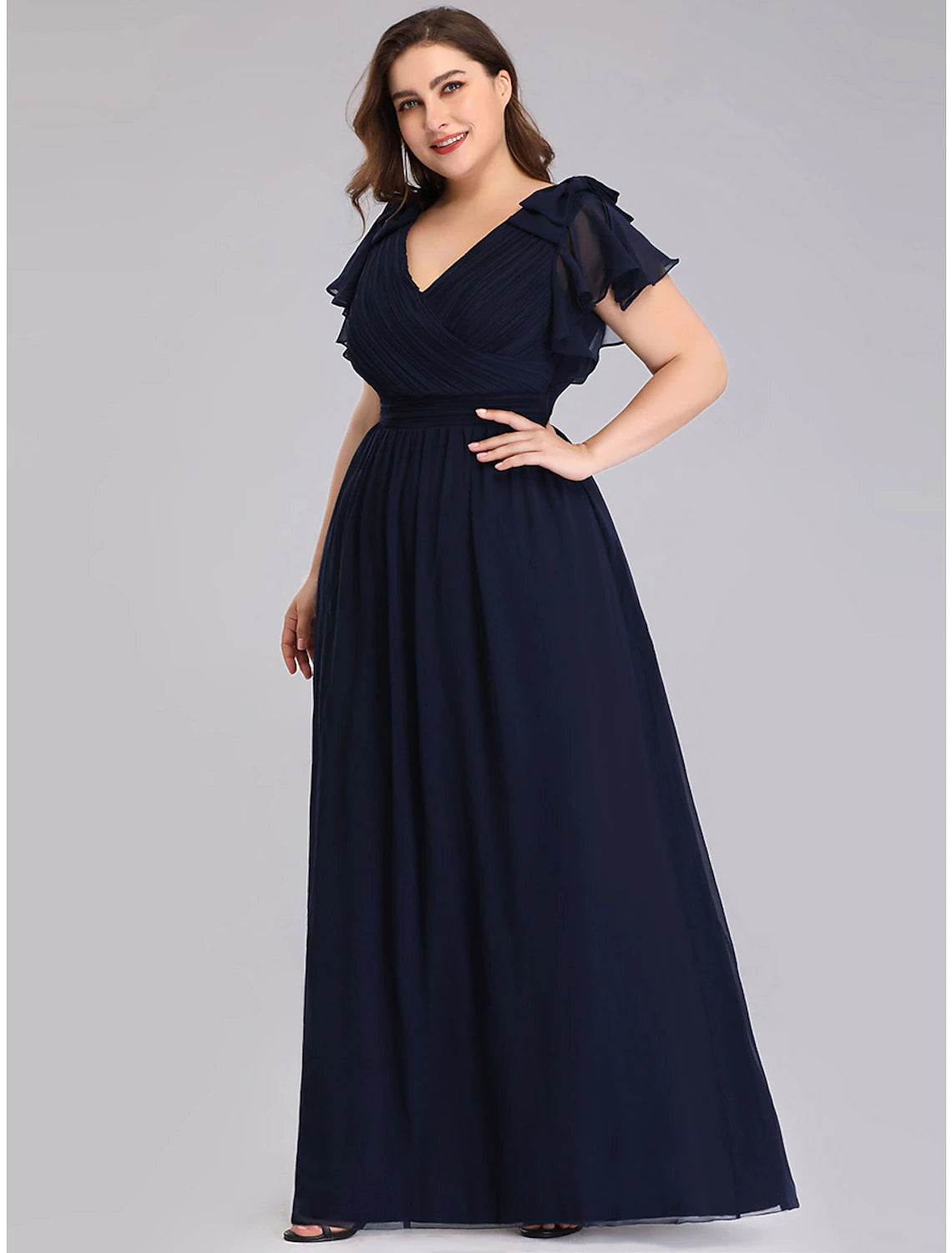 Elegant Plus Size A-Line V-Neck Chiffon Ruffled Mother of the Bride Dress.