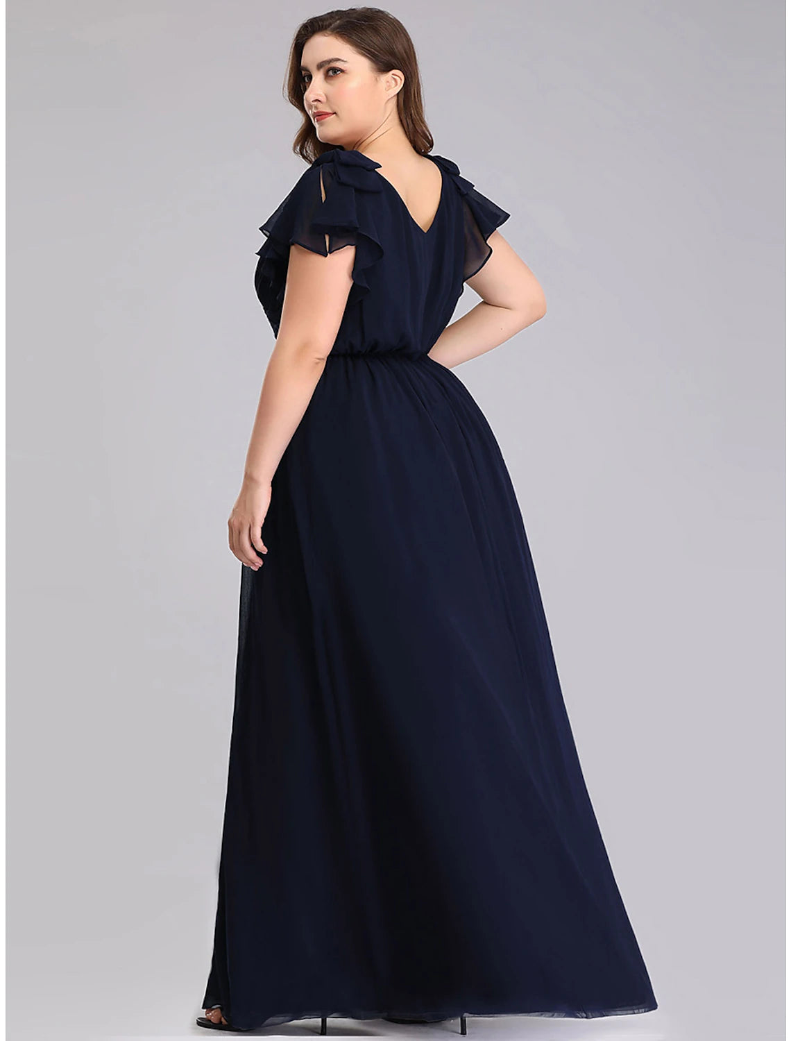 Elegant Plus Size A-Line V-Neck Chiffon Ruffled Mother of the Bride Dress.