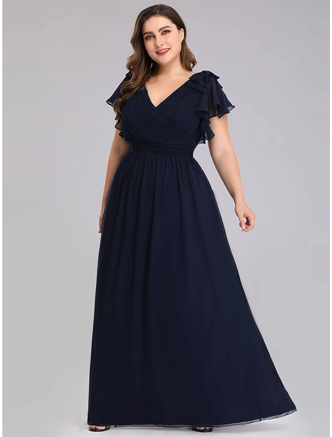 Elegant Plus Size A-Line V-Neck Chiffon Ruffled Mother of the Bride Dress.