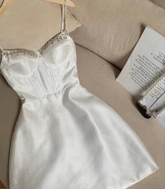 Elegant Rhinestone Strap Corset A-Line White Satin Mini Homecoming Dress