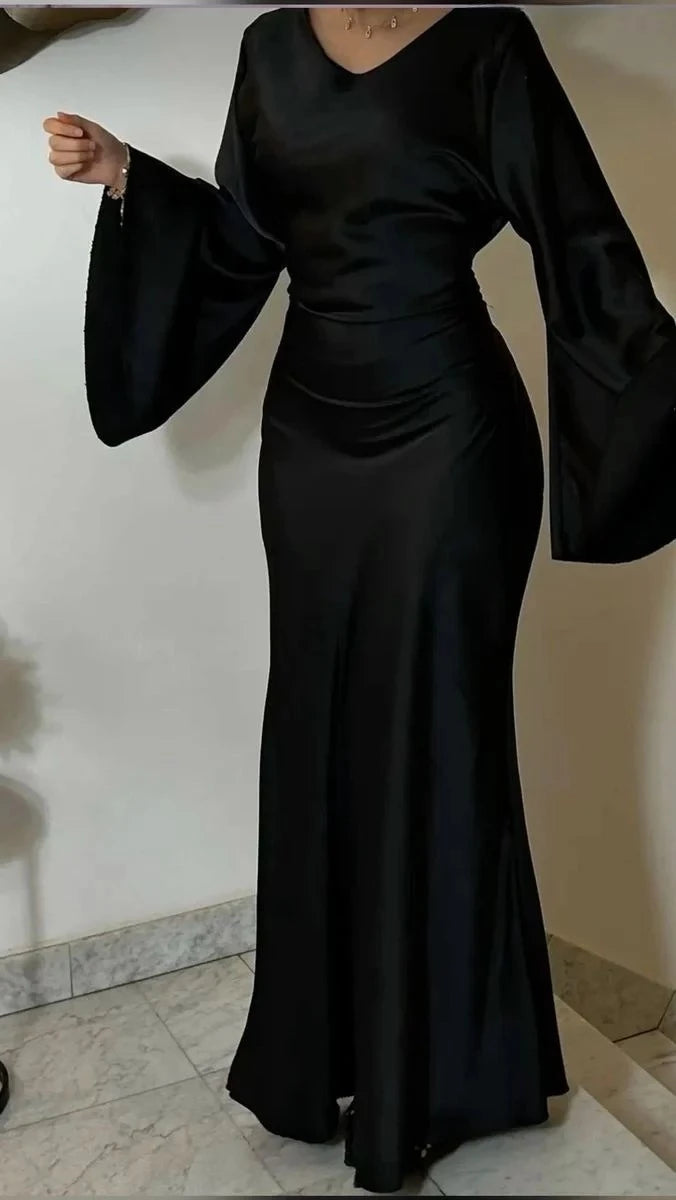 Elegant Satin Mermaid Square-Neck Spaghetti-Strap Open-Back Maxi Evening Dress
