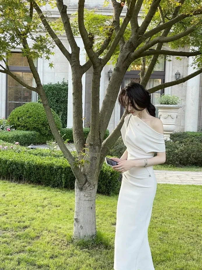 Elegant Sheath Asymmetrical-Shoulder Short-Sleeve Back-Slit Midi-Length Evening Dress
