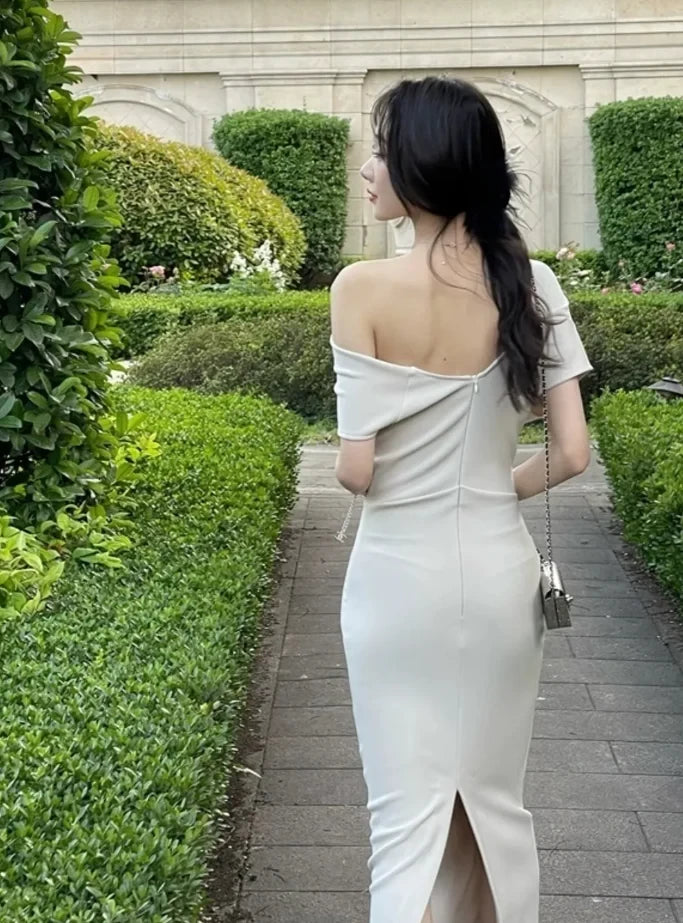 Elegant Sheath Asymmetrical-Shoulder Short-Sleeve Back-Slit Midi-Length Evening Dress