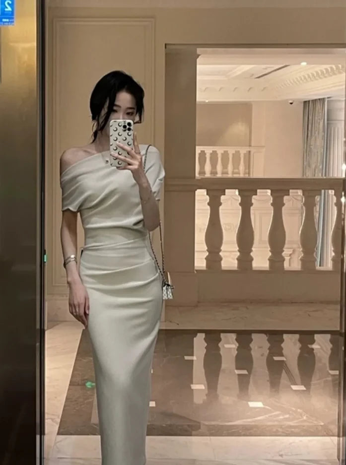 Elegant Sheath Asymmetrical-Shoulder Short-Sleeve Back-Slit Midi-Length Evening Dress