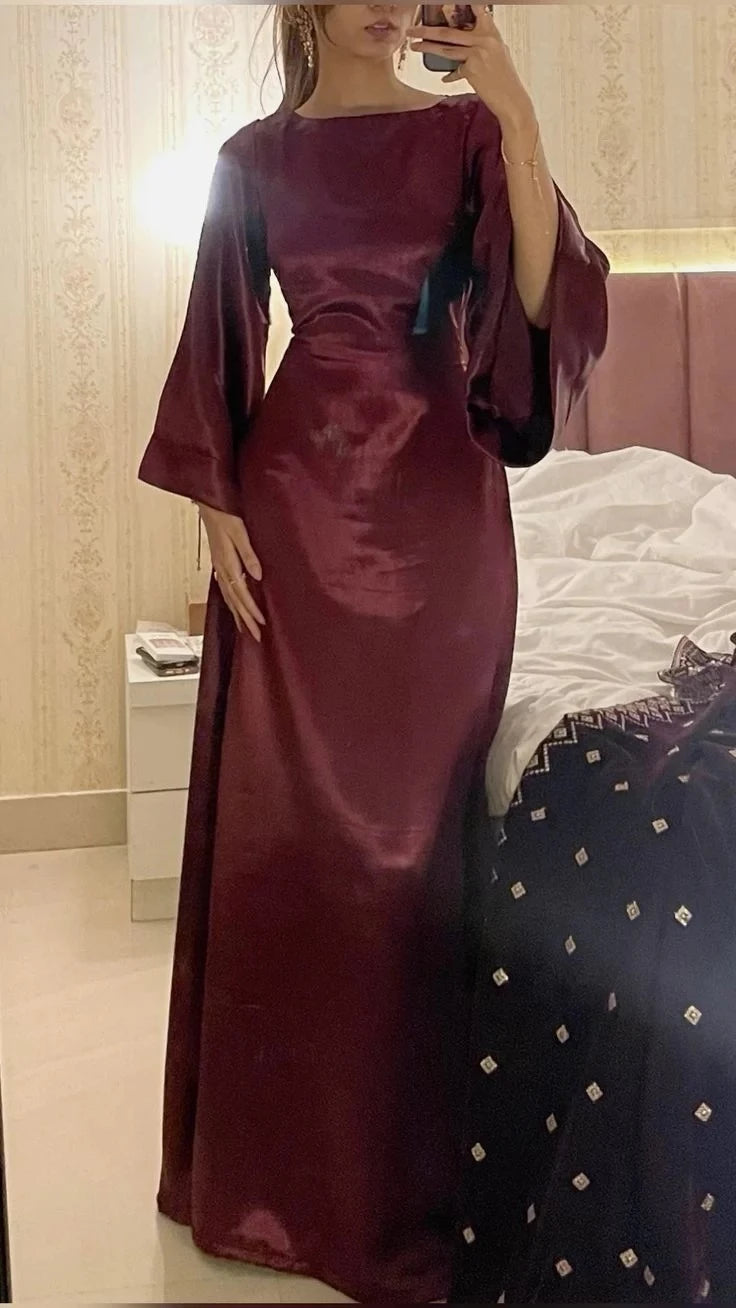 Elegant Sheath Bateau Neck Bell Sleeve Satin Maxi Kaftan Evening Dress