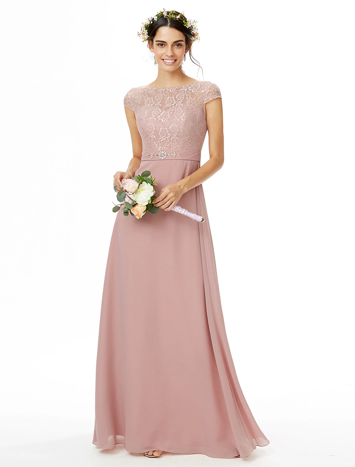 Elegant Sheath Bateau Neck Short Sleeve Chiffon Lace Floor Length Bridesmaid Dress.