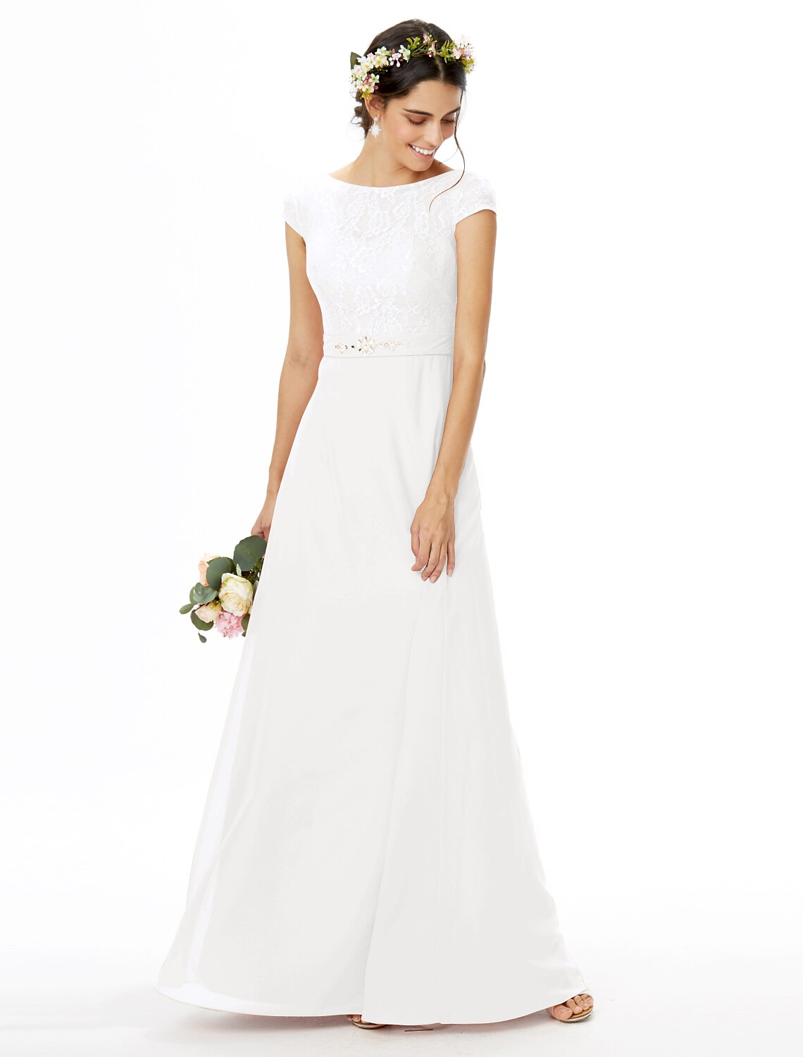 Elegant Sheath Bateau Neck Short Sleeve Chiffon Lace Floor Length Bridesmaid Dress.