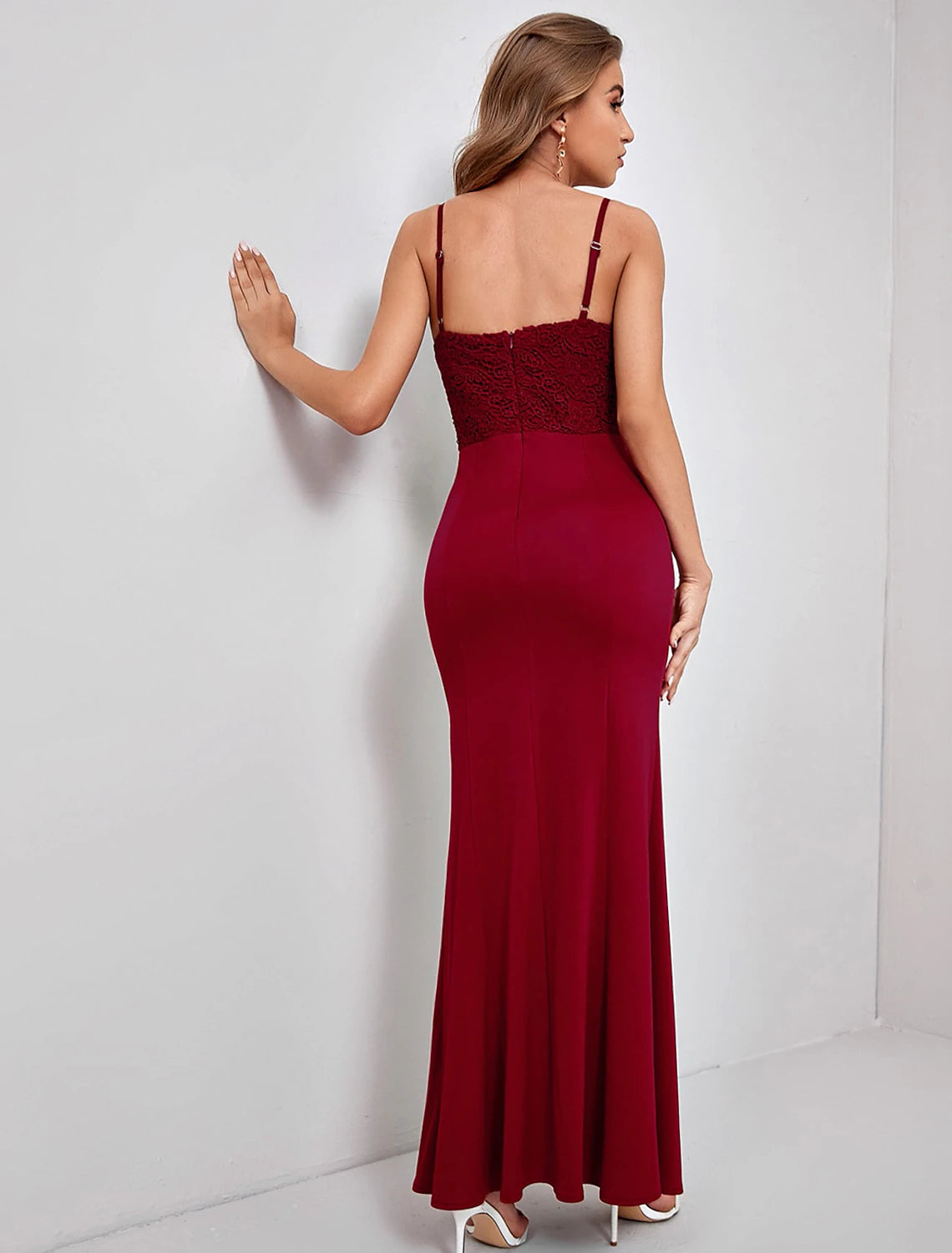 Elegant Sheath Column Spaghetti Strap Vintage Slit Lace Ankle Length Evening Gown.