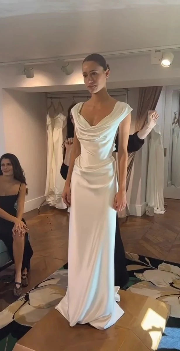 Elegant Sheath Cowl Neck Cap-Sleeve Open Back Floor-Length Evening Dress