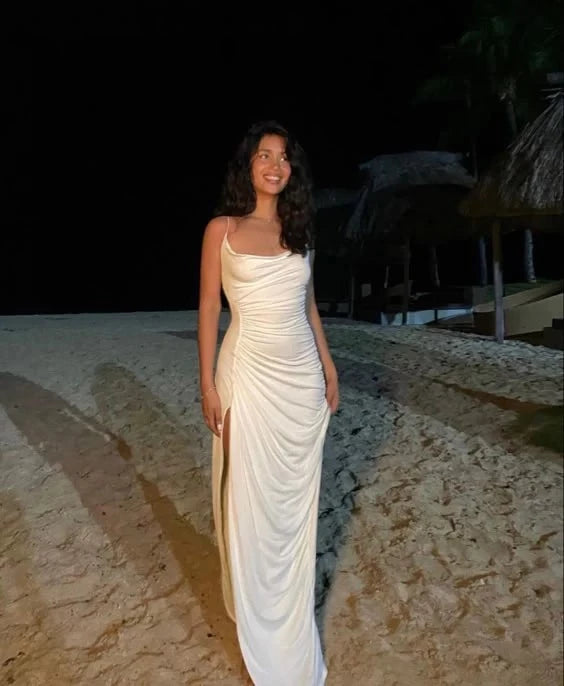 Elegant Sheath Cowl-Neck Spaghetti-Strap High-Slit Floor-Length Evening Dress