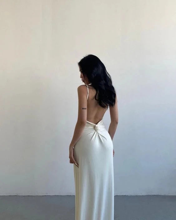 Elegant Sheath Cowl-Neck Spaghetti-Strap Knot-Back Floor-Length Prom Dress