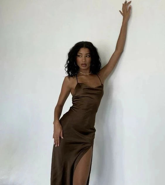 Elegant Sheath Cowl Neck Spaghetti Strap Open Back High Slit Floor Length Evening Dress