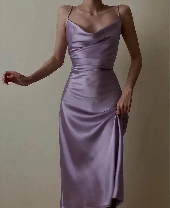 Elegant Sheath Cowl Neck Spaghetti-Strap Open Back Midi Evening Dress