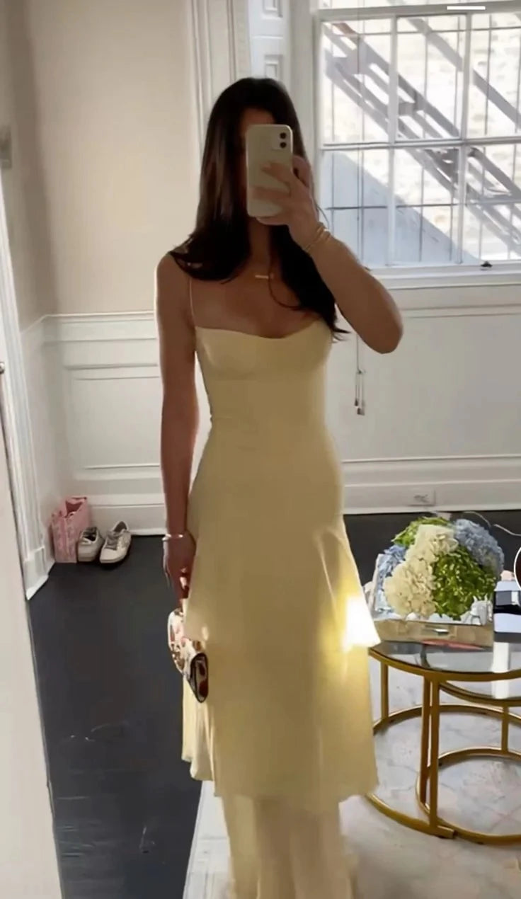Elegant Sheath Cowl Neck Spaghetti-Strap Open Back Tiered Chiffon Maxi Evening Dress