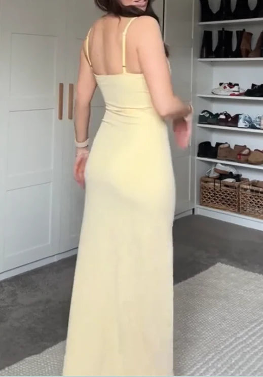 Elegant Sheath Cowl Neck Spaghetti-Strap Open Back Tiered Chiffon Maxi Evening Dress