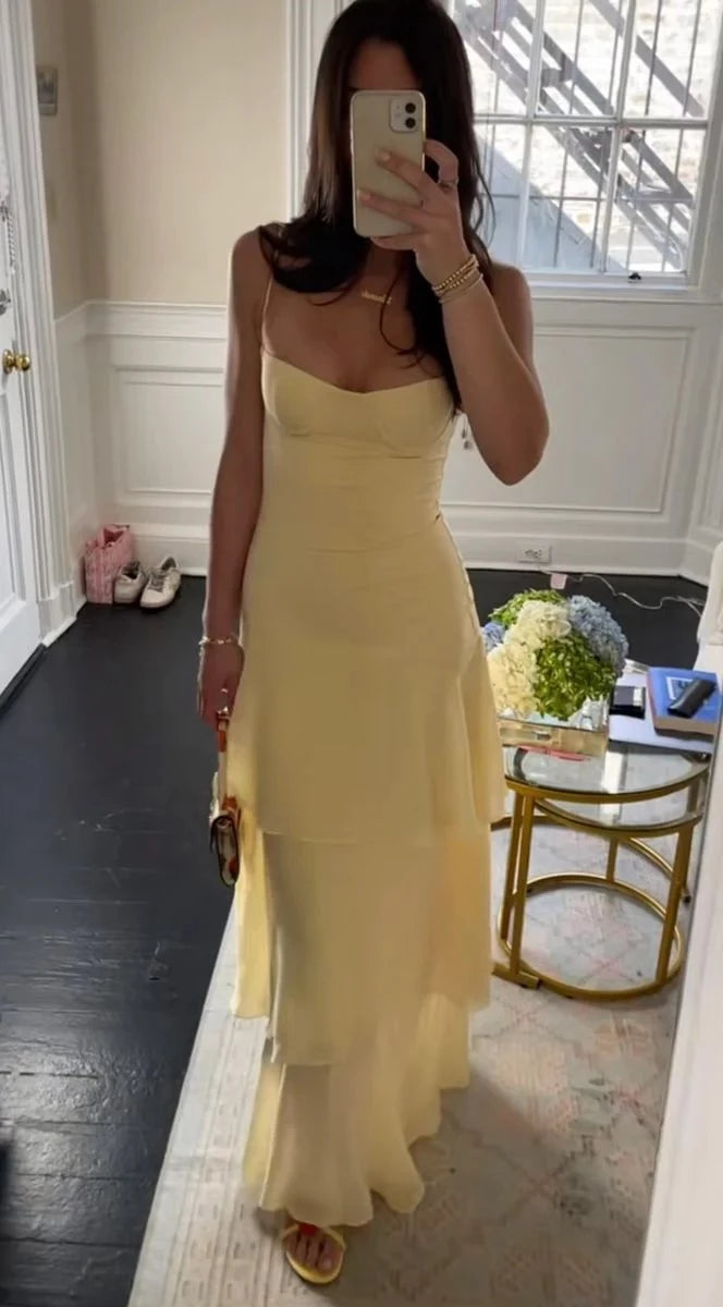 Elegant Sheath Cowl Neck Spaghetti-Strap Open Back Tiered Chiffon Maxi Evening Dress