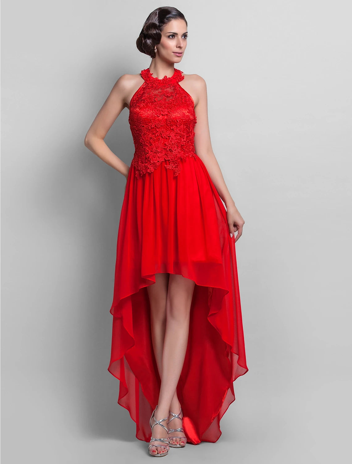 Model wearing an elegant sheath halter neck dress.