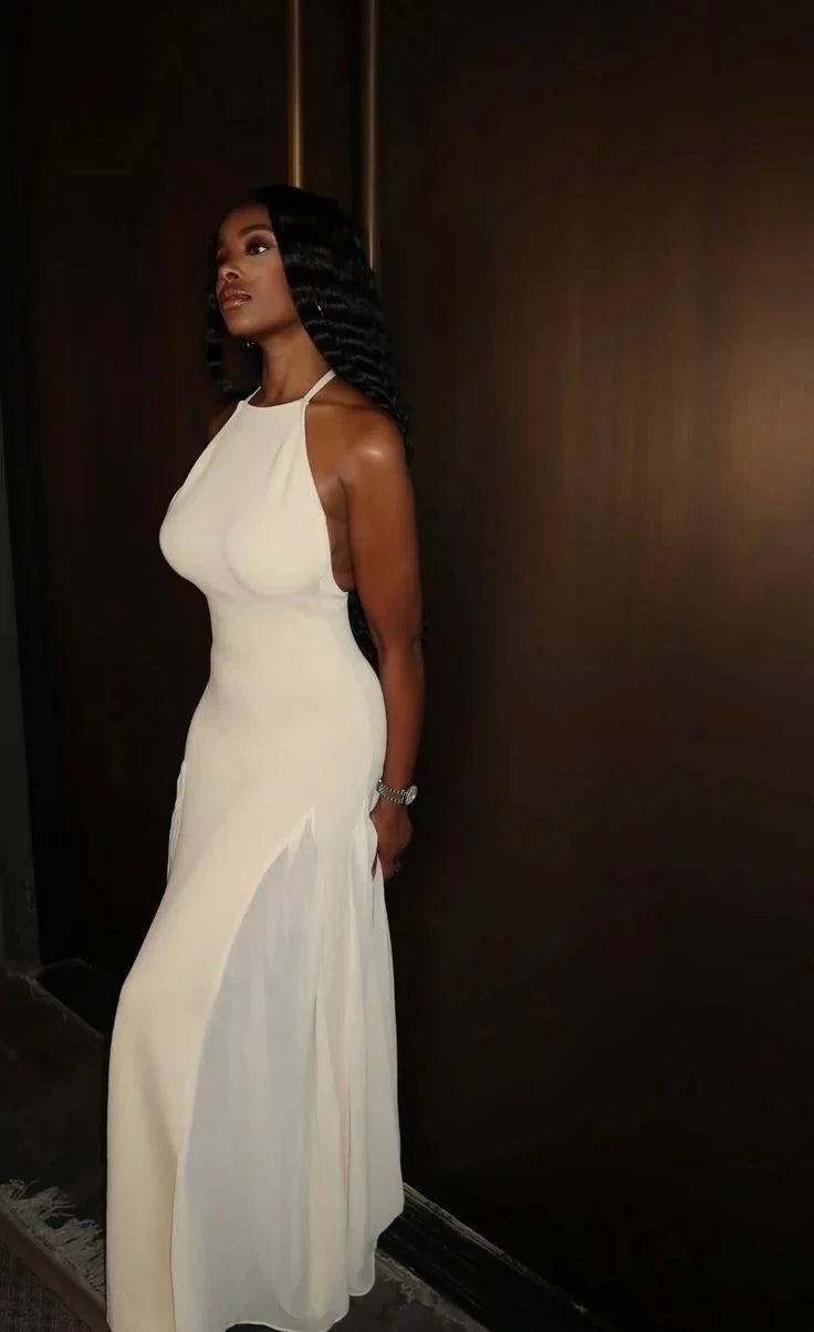 Elegant Sheath Halter Neck Sleeveless Open Back Chiffon Maxi Evening Dress