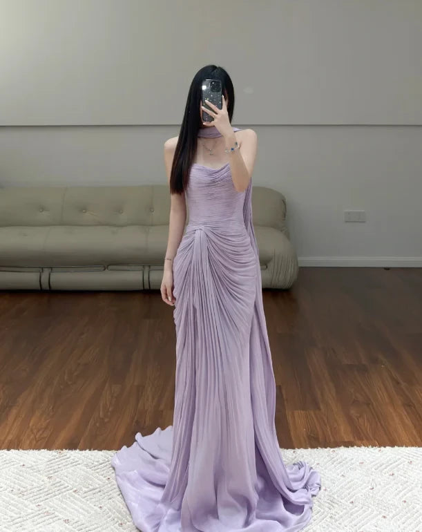 Elegant Sheath Halter Neck Sleeveless Open Back Ruched Chiffon Evening Dress
