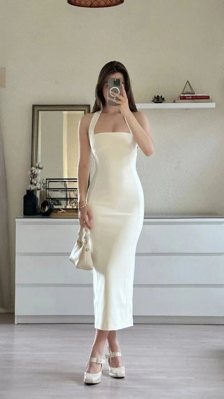 Elegant Sheath Halter Sleeveless Backless Midi-Length Evening Dress