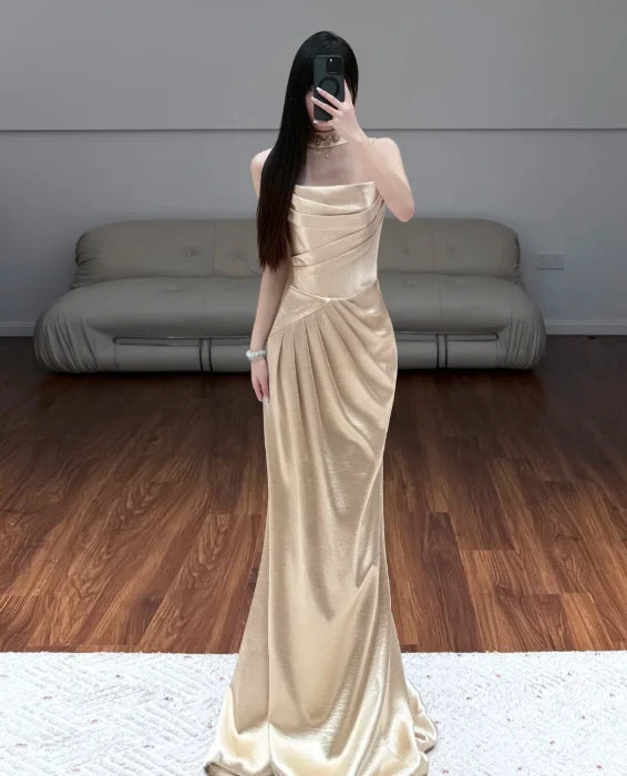 Elegant Sheath High Neck Sleeveless Open Back Ruched Satin Evening Dress