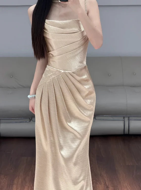 Elegant Sheath High Neck Sleeveless Open Back Ruched Satin Evening Dress