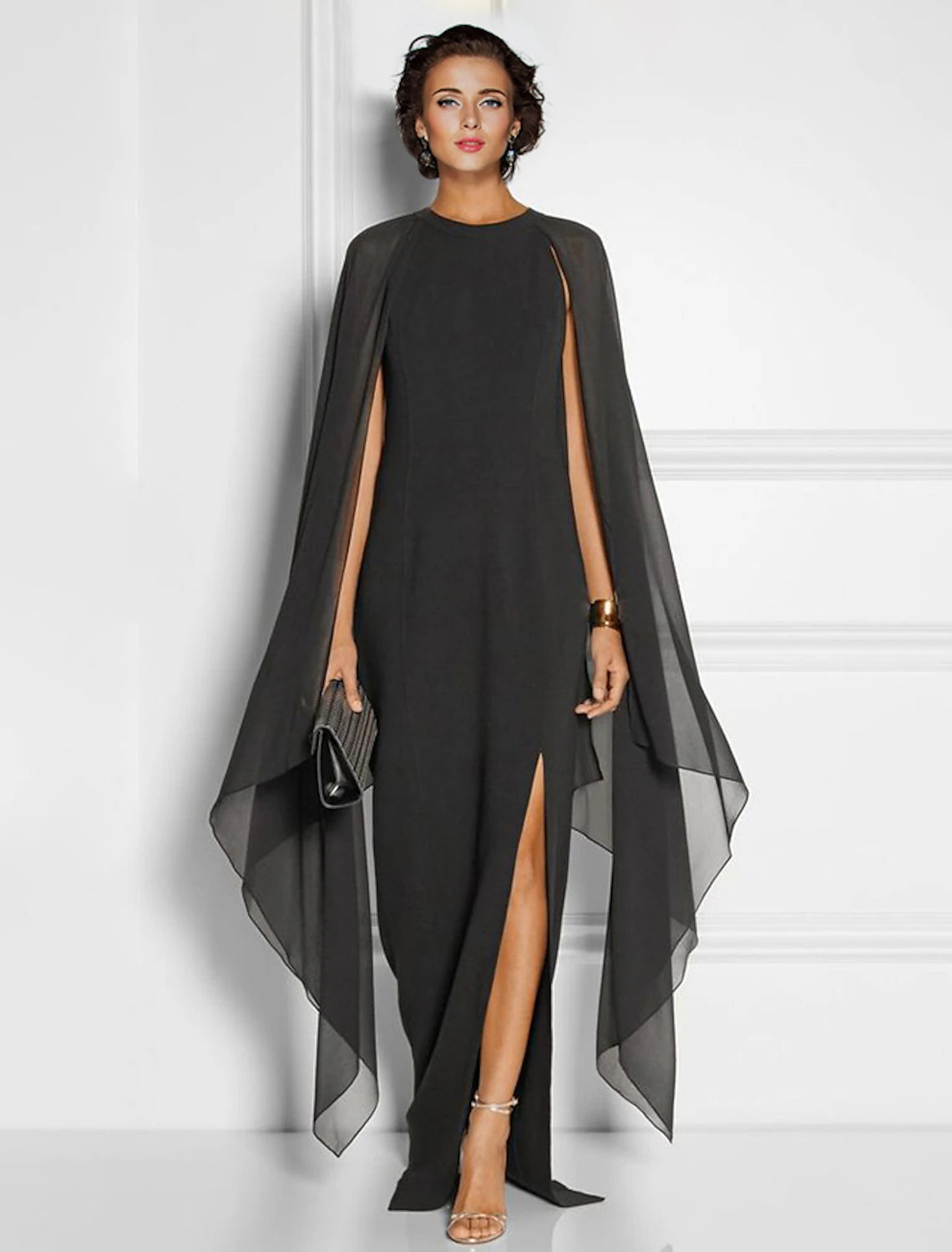 Elegant Sheath Jewel Neck Floor Length Chiffon Slit Party Dress for Women.