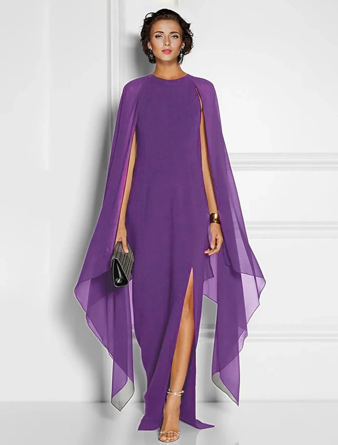 Elegant Sheath Jewel Neck Floor Length Chiffon Slit Party Dress for Women.