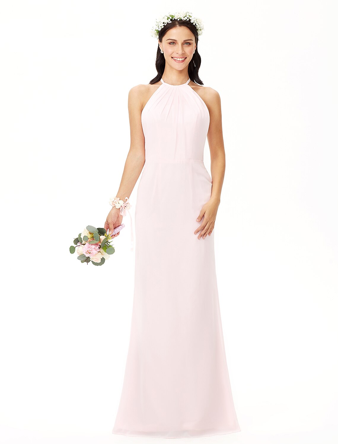 Elegant Sheath Jewel Neck Pleated Chiffon Floor Length Bridesmaid Dress.