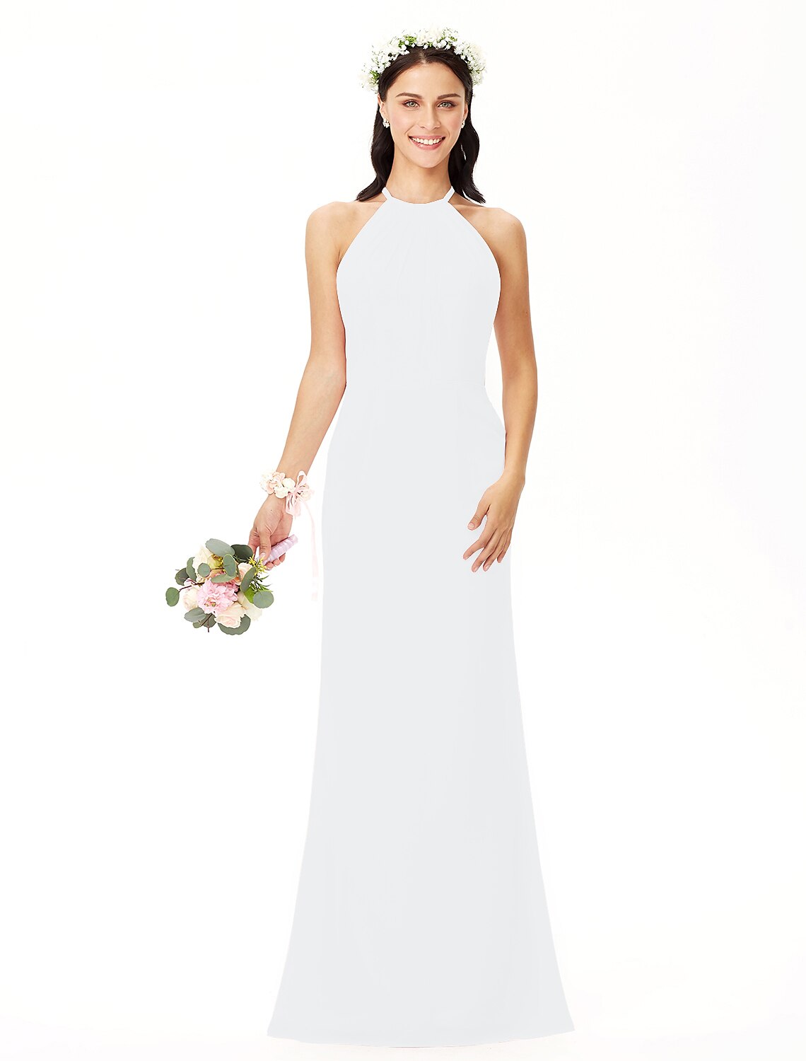 Elegant Sheath Jewel Neck Pleated Chiffon Floor Length Bridesmaid Dress.