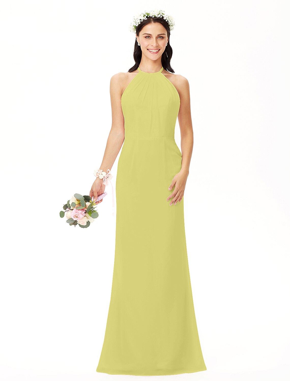 Elegant Sheath Jewel Neck Pleated Chiffon Floor Length Bridesmaid Dress.