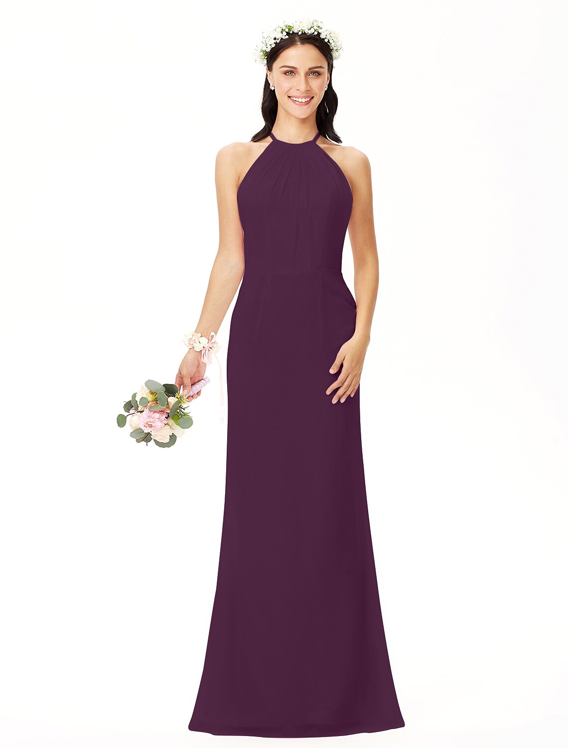 Elegant Sheath Jewel Neck Pleated Chiffon Floor Length Bridesmaid Dress.